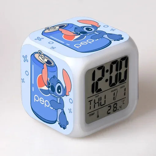 Cute Stitch Alarm Clock with Square Shape Design and Night Light Digital Display Cute Cartoon Gift for Kids Boys Girls Room Use