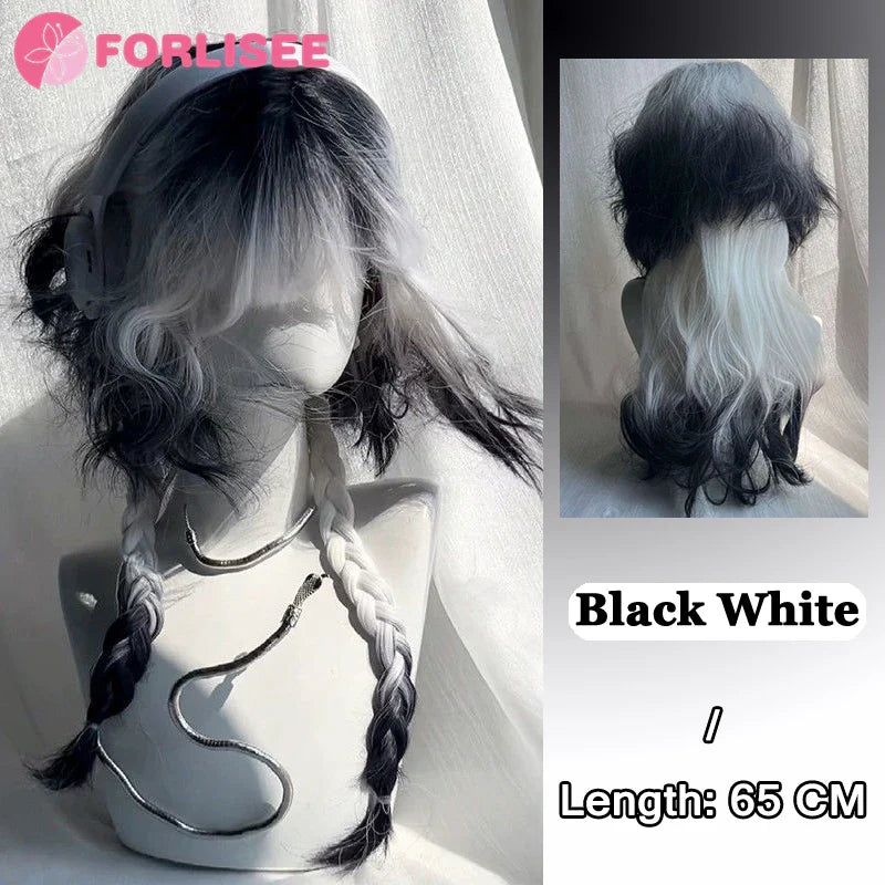 Pink Blonde Highlights Long Wavy Wig Synthetic Colorful Lolita Cosplay Hair Wigs with Bangs for Women Heat Resistant Daily Use