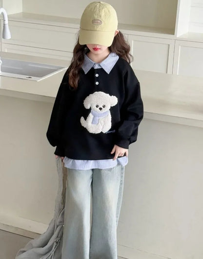 Sweat-shirt à capuche pour filles, Polo deux pièces en Faux, moyen-grand, coupe ample, haut de chiot de dessin animé, nouvelle collection printemps/automne 2025