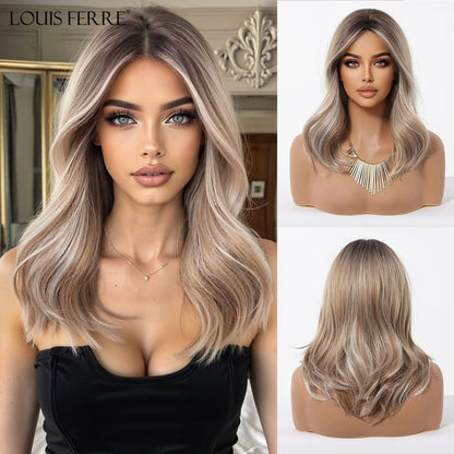 Brown Blonde Ombre Synthetic Wigs for Women Medium Length Wavy Layered Wigs With Side Bangs Daily Party Heat Resistant Fake Hair