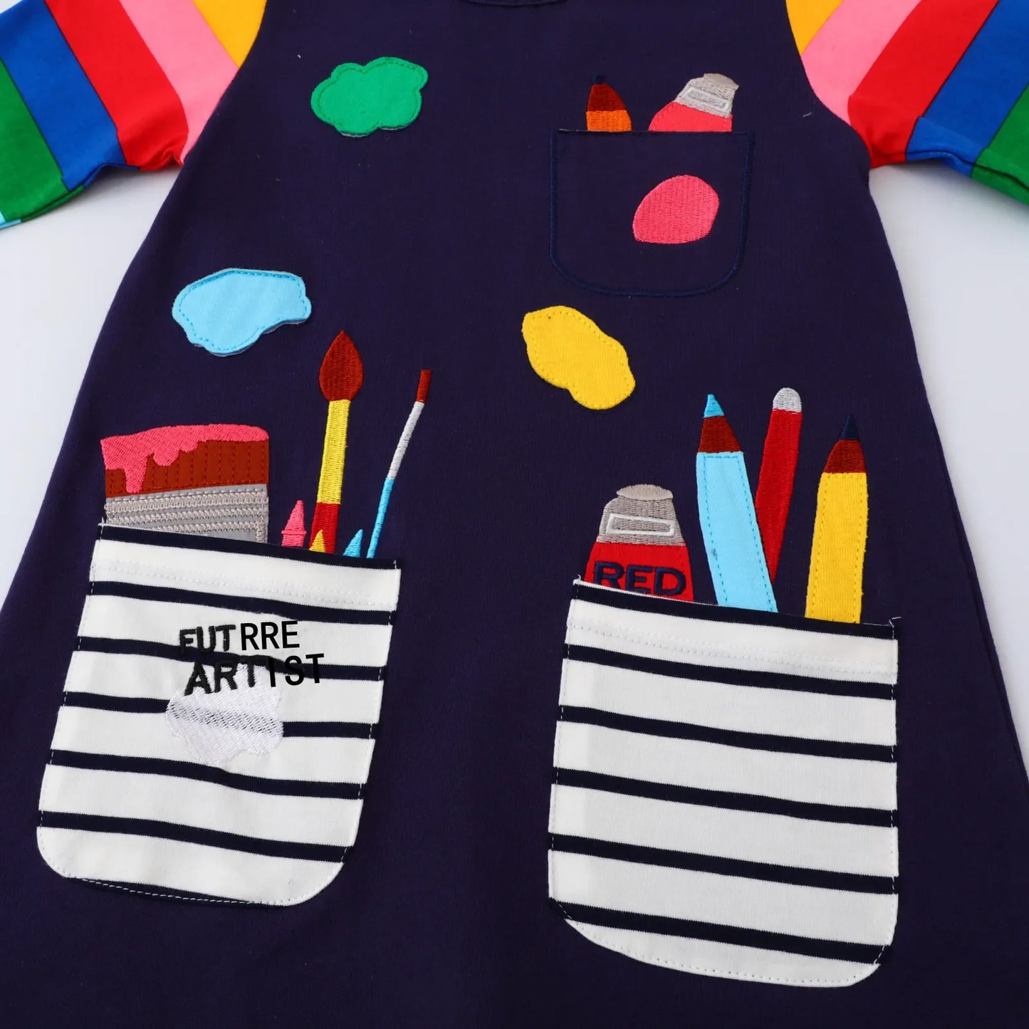 Jumping Meters Paint Brush Children's School Dresses With Pockets Pen Embroidery Long Sleeve Autumn Kids Preppy Style Dress