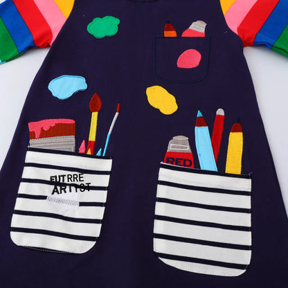 Jumping Meters Paint Brush Children's School Dresses With Pockets Pen Embroidery Long Sleeve Autumn Kids Preppy Style Dress