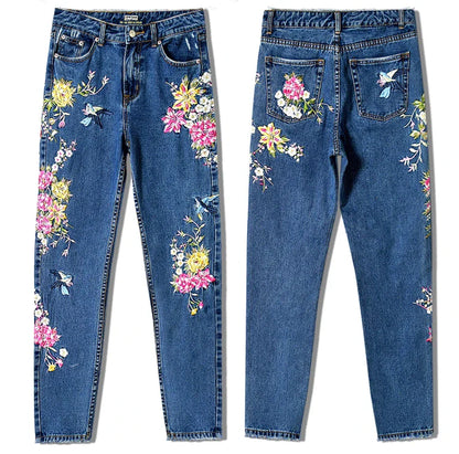 2023 Women Chic Floral Embroidered High Waist Jeans Straight Full Pants Fashion Streetwear Korean Style Cotton Denim Trousers
