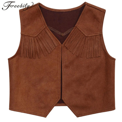 Western Cowboy Costume for Kids Girls Boys Fringe Tassel Open Front Vest Waistcoat Carnival Halloween Cosplay Fancy Dress Up