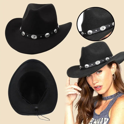 Chapeau de cowboy occidental classique noir confortable, à bord retroussé, avec boucle de ceinture, pour femme, Fedora, Sombrero, Jazz, Cowboy