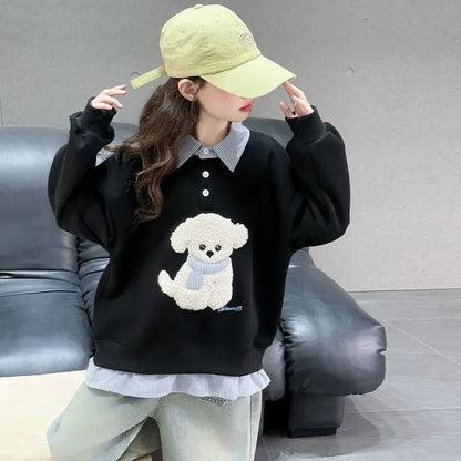 Sweat-shirt à capuche pour filles, Polo deux pièces en Faux, moyen-grand, coupe ample, haut de chiot de dessin animé, nouvelle collection printemps/automne 2025