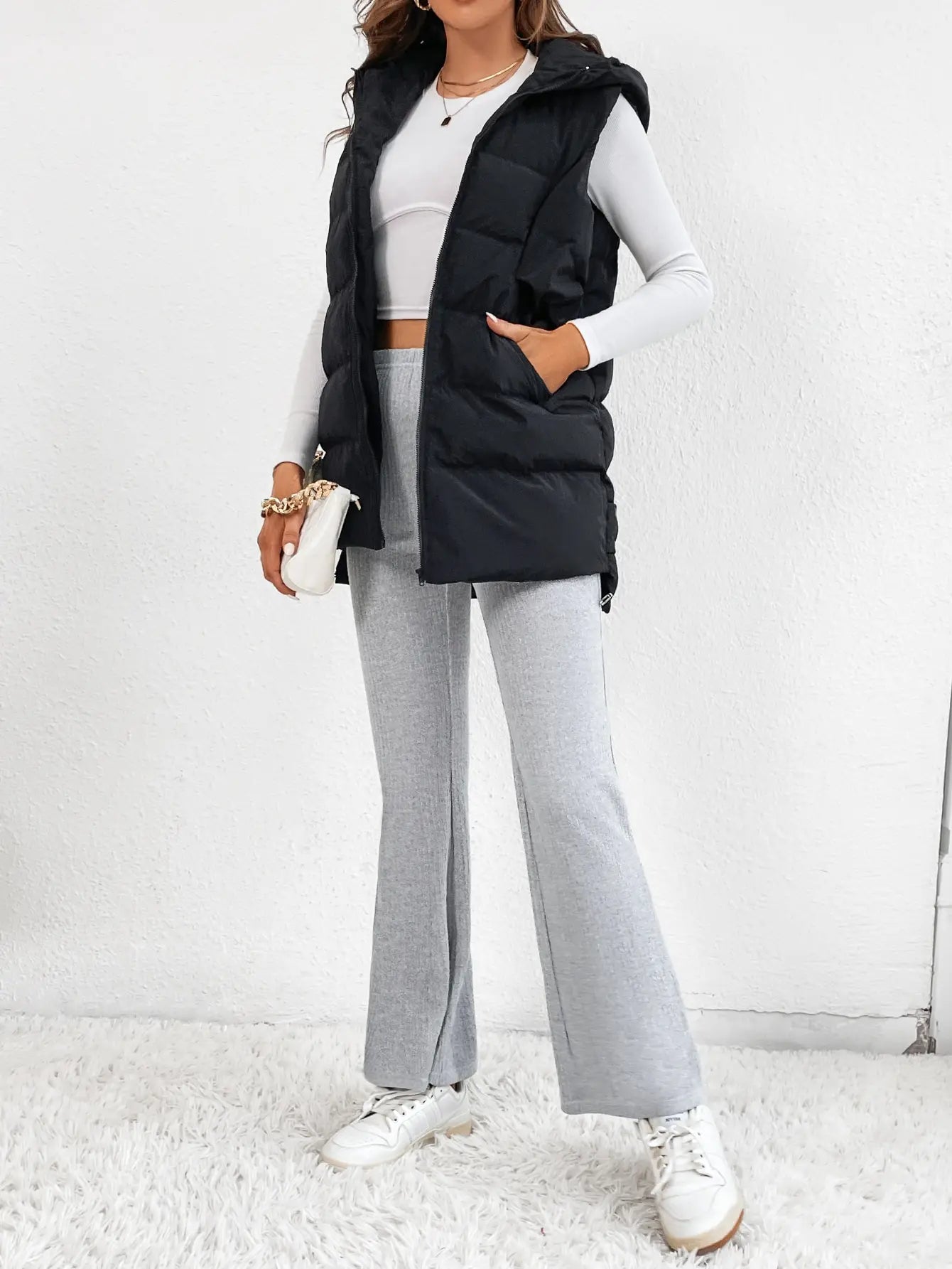 Cross-border Foreign Trade Europe and the United States Solid Color Cotton Jacket Hooded Long Zipper Cotton Vest Coat Female