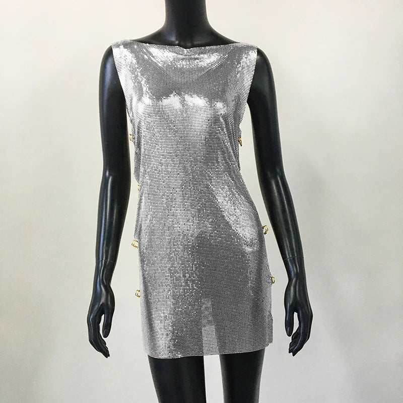 Shiny Y2k Metallic Sequins Mini Dresses For Women Sleeveless Backless Sexy Low Cut See Through Sexy Solid Clubwear Party Dress