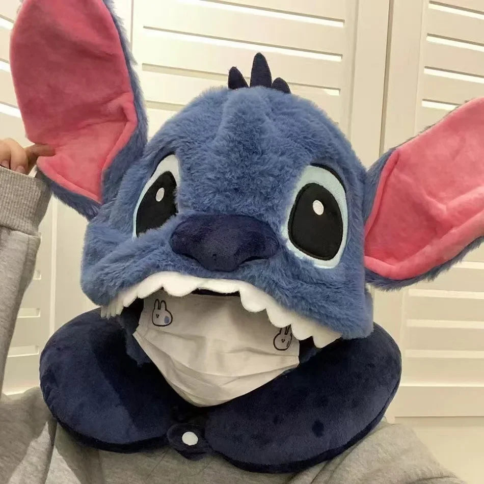 Cute Stitch Cartoon U-shaped Pillow Hooded Pillow for Napping and Neck Protection Pillow Travel Plane Hat Napping