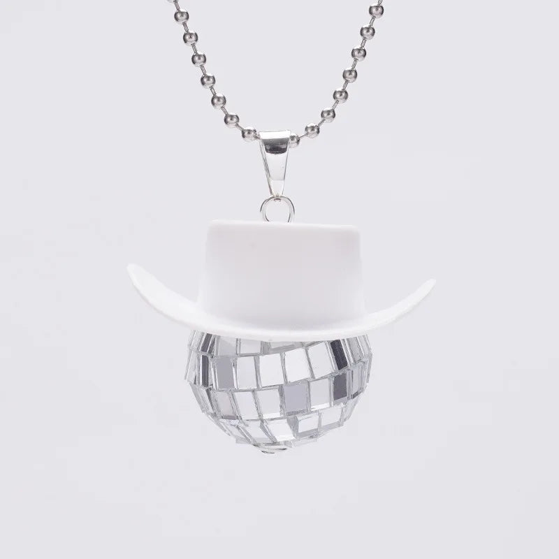 1Pcs Pink Cowgirl Cowboy Hat Disco Ball Neckalace 80s Silver Mirror Balls Pendant for Wedding Birthday Party Favors Decoration