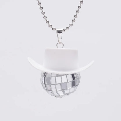1Pcs Pink Cowgirl Cowboy Hat Disco Ball Neckalace 80s Silver Mirror Balls Pendant for Wedding Birthday Party Favors Decoration