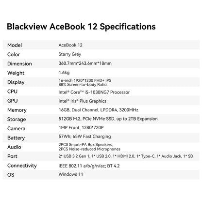 Blackview AceBook 12 Ordinateur portable Win 11 16'' FHD IPS, Notebook Intel I5-1030NG7, 16 Go RAM 512 Go SSD, Bouton d'alimentation 2-en-1 avec empreinte digitale