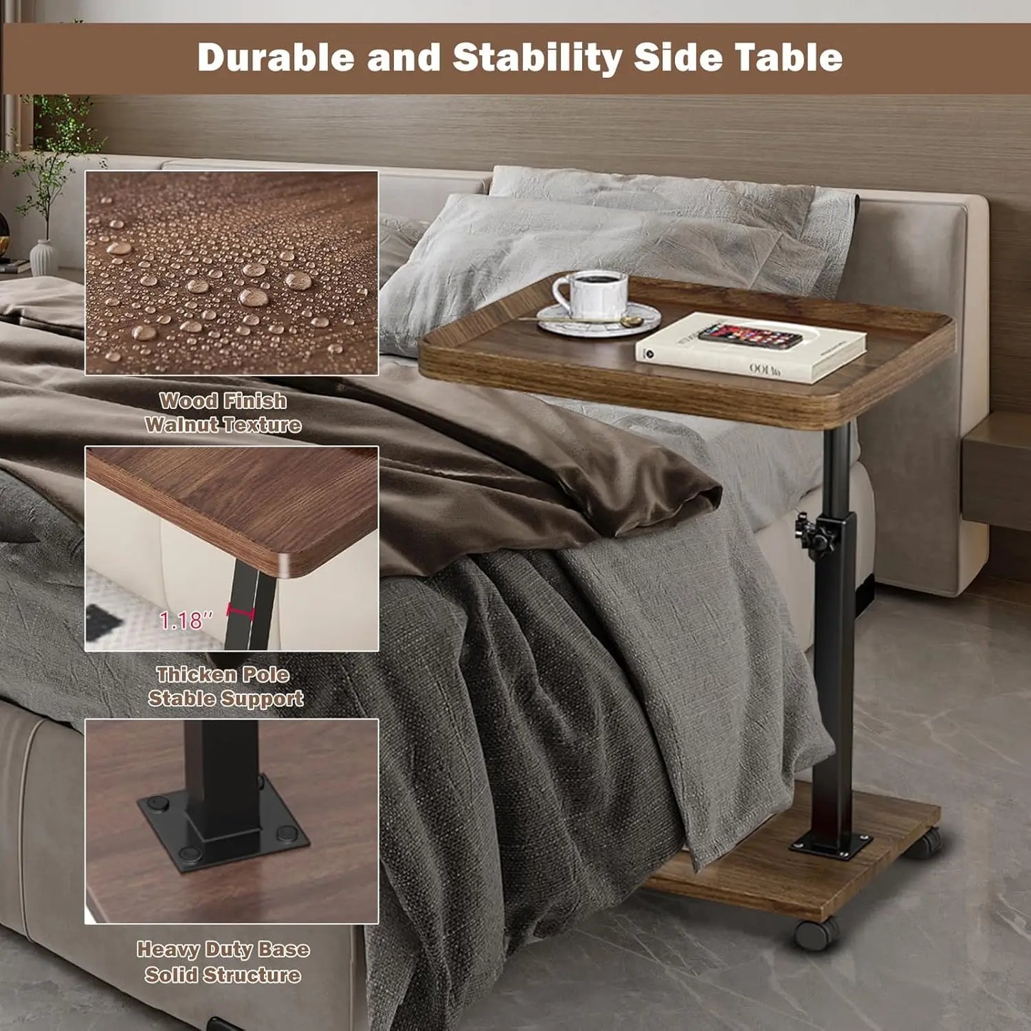 Chariot roulant réglable, Table de chevet, bureau pour ordinateur portable, lit médical pour la maison, plateau alimentaire 360 °   Bureau à domicile de table de plateau de canapé rotatif