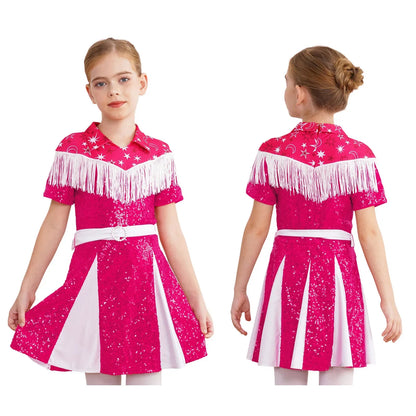 Déguisement de cow-girl pour enfants filles, robe à franges et paillettes avec chapeau de cowboy et bandana, tenue de fête de carnaval d'Halloween