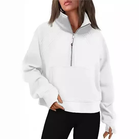 Sweat-shirt à col montant pour femme, sweat à capuche pour document solide, manches longues, poche adt, demi-fermeture éclair, pull sportif, haut streetwear, printemps, automne