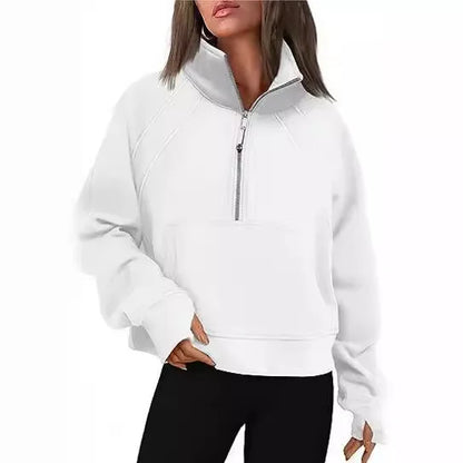 Sweat-shirt à col montant pour femme, sweat à capuche pour document solide, manches longues, poche adt, demi-fermeture éclair, pull sportif, haut streetwear, printemps, automne