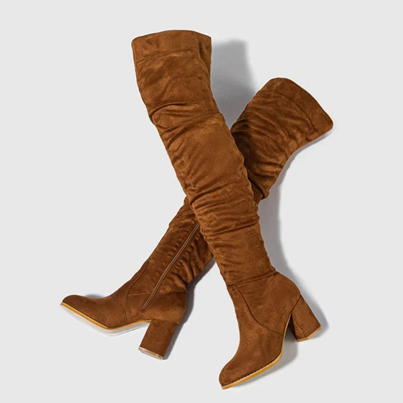 Bottes Noires Marron Cuissardes Liyke 2025 Automne Hiver Femme Sexy Bout Pointu Fermeture Éclair Chaussures Hautes Talon Carré Bottines Femme