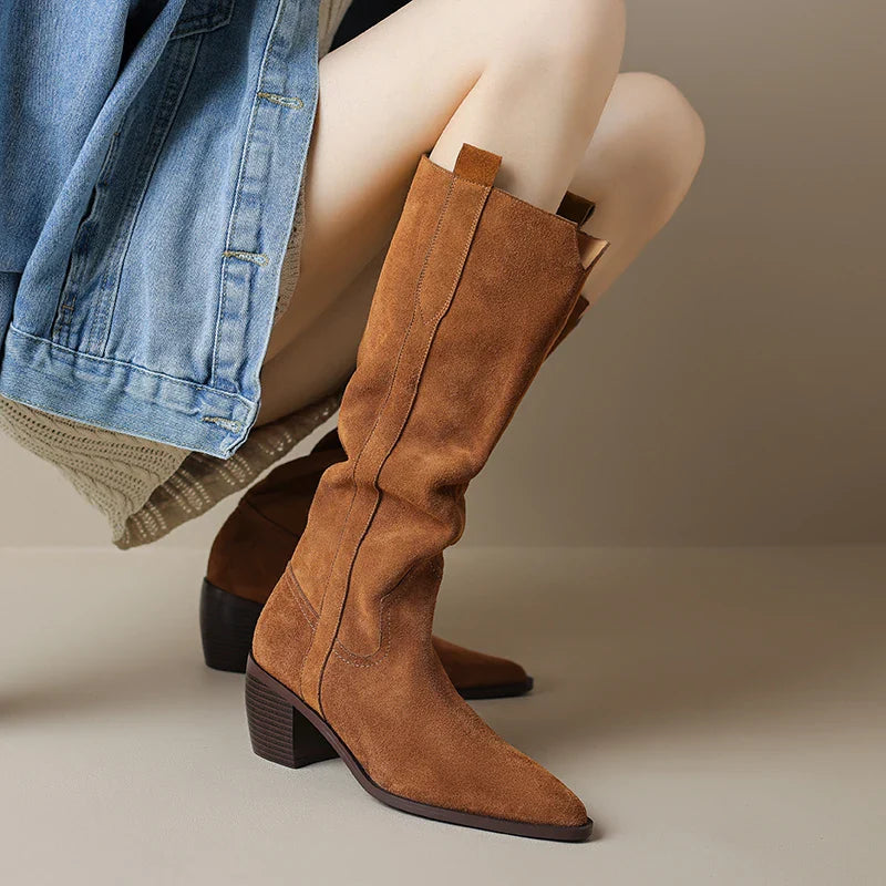 Bottes de Cowboy en Daim de Vache à Talons Hauts pour Femme, Style Vintage, Style Country Western, à la Mode, Automne Hiver
