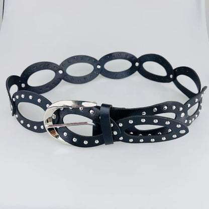 Adjustable Cowgirl Waist Belt, Hollow, Wide Side, PU Leather, Elliptical Geometry, Metal Buckle, Rivet, Everyday Waist Belt
