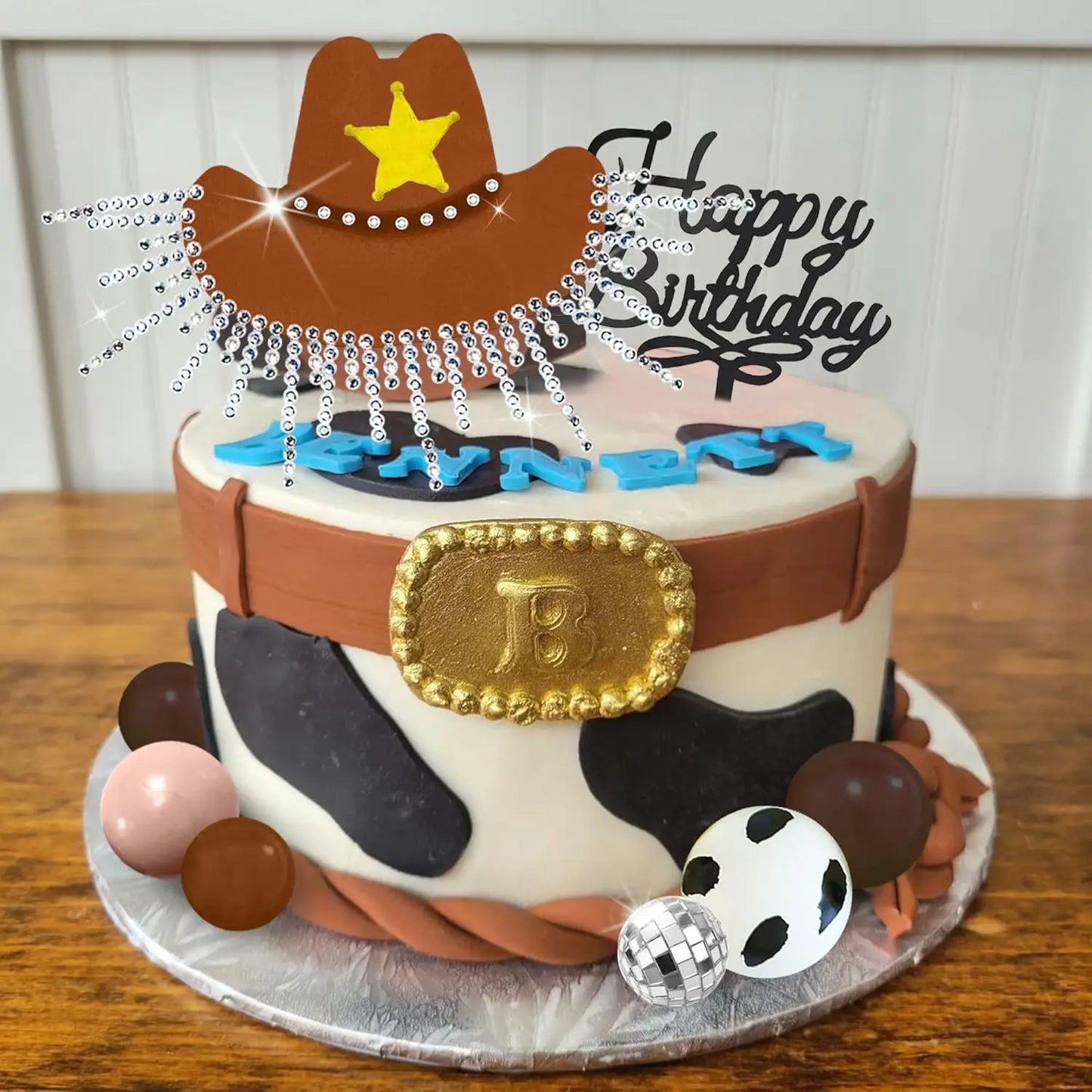Hot Pink Cowgirl Cake Topper, Glitter Cowgirl Hat, Disco Balls for Western Theme Party, Birthday Party Supplies