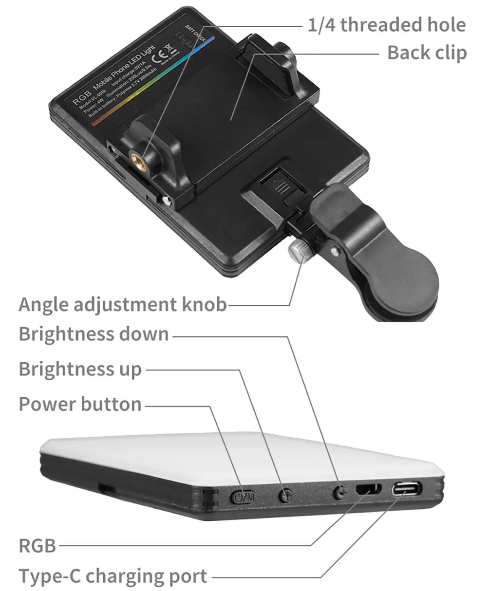Mini lumière de remplissage LED RVB, poche droite, photographie vidéo, éclairage de poche, clip Vlog en direct pour téléphone, iPhone, iPad, ordinateur portable, appareil photo