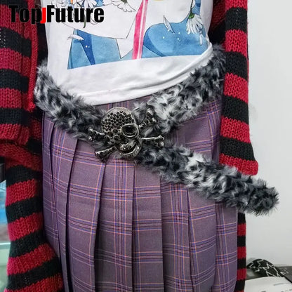 Y2K-Harajuku Western Cowboy Furry Snowleopard Punk Skull Belt, Gift for Women and Men, Girls