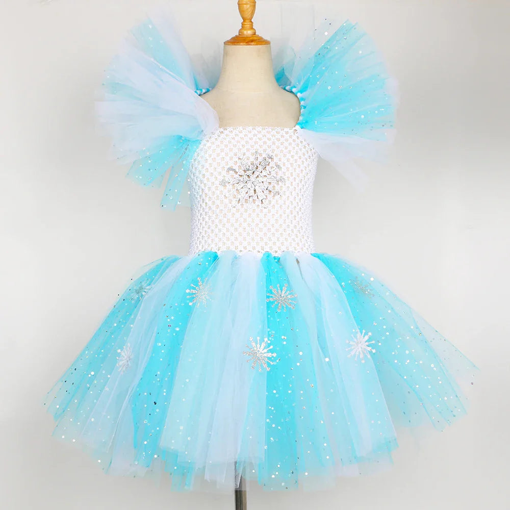 Elsa Costume for Girls Glitter Fancy Princess Dress Up Clothes Snowflake Tulle Tutu Dress Kids Halloween Birthday Dresses Outfit