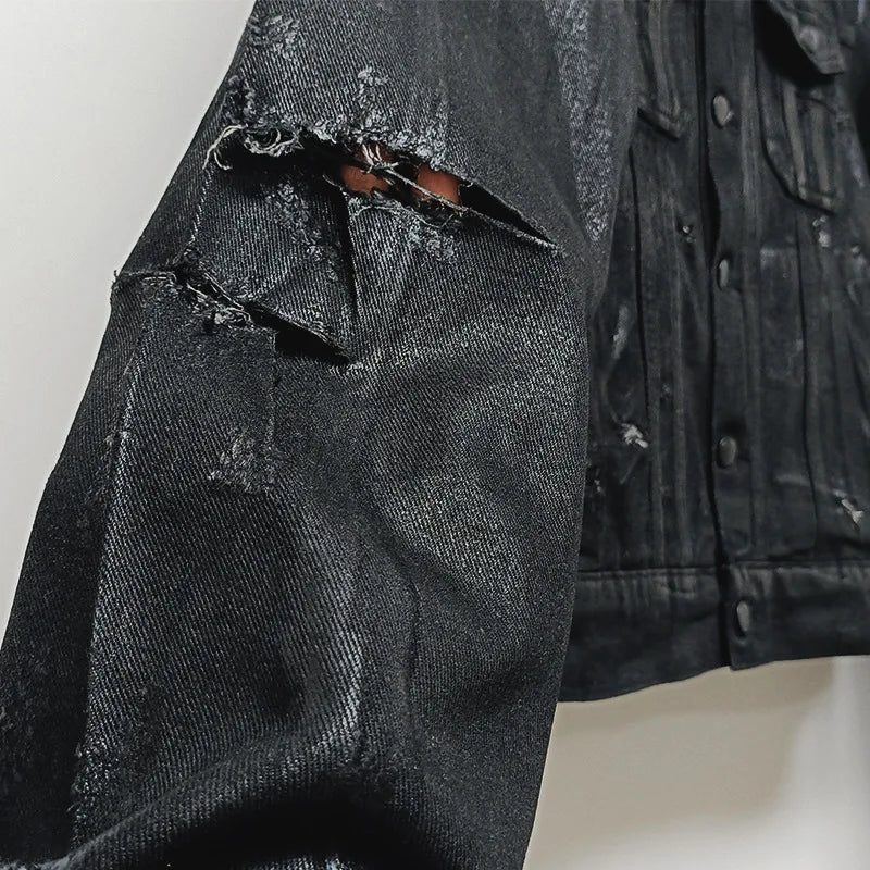 HKSH Spring Autumn New Man Punk Fashion Streetwear Dark Brushed Wax Handmade Damaged Tops Denim Jacket Y2K Chic Ins Coats HK4959