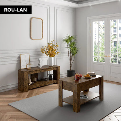 Table TV et Table basse relevable avec rangement, Table centrale relevable en bois rustique pour salon