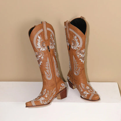 Bottes de cowboy occidentales au genou pour femmes, broderie de fleurs, biscuits, blanc, marron, rond, Parker, talons hauts, rétro, bottes longues de cowgirl