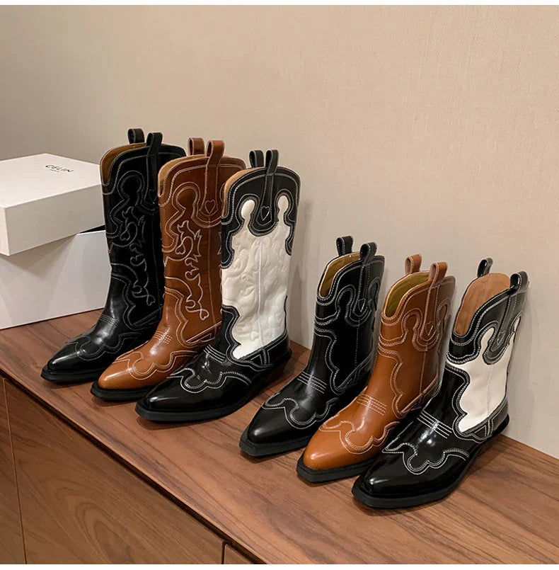 Bottes de cowboy Western Ods pour femmes en cuir véritable brodé, bout pointu, mi-mollet, style rétro, décontractées, de haute qualité