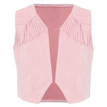 Gilet de Cowboy occidental pour enfants, garçons et filles, Costume de Cosplay d'halloween, pompon en daim, manteau ouvert sur le devant, hauts