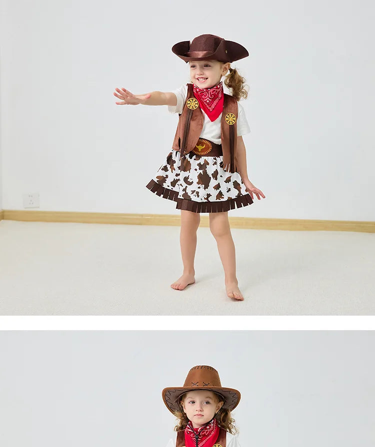 Robe de Cowgirl pour enfants, ensemble complet, Costume de Cowboy occidental, ensemble de 4 pièces, tenue de jeu de noël, vêtements d'halloween pour enfants