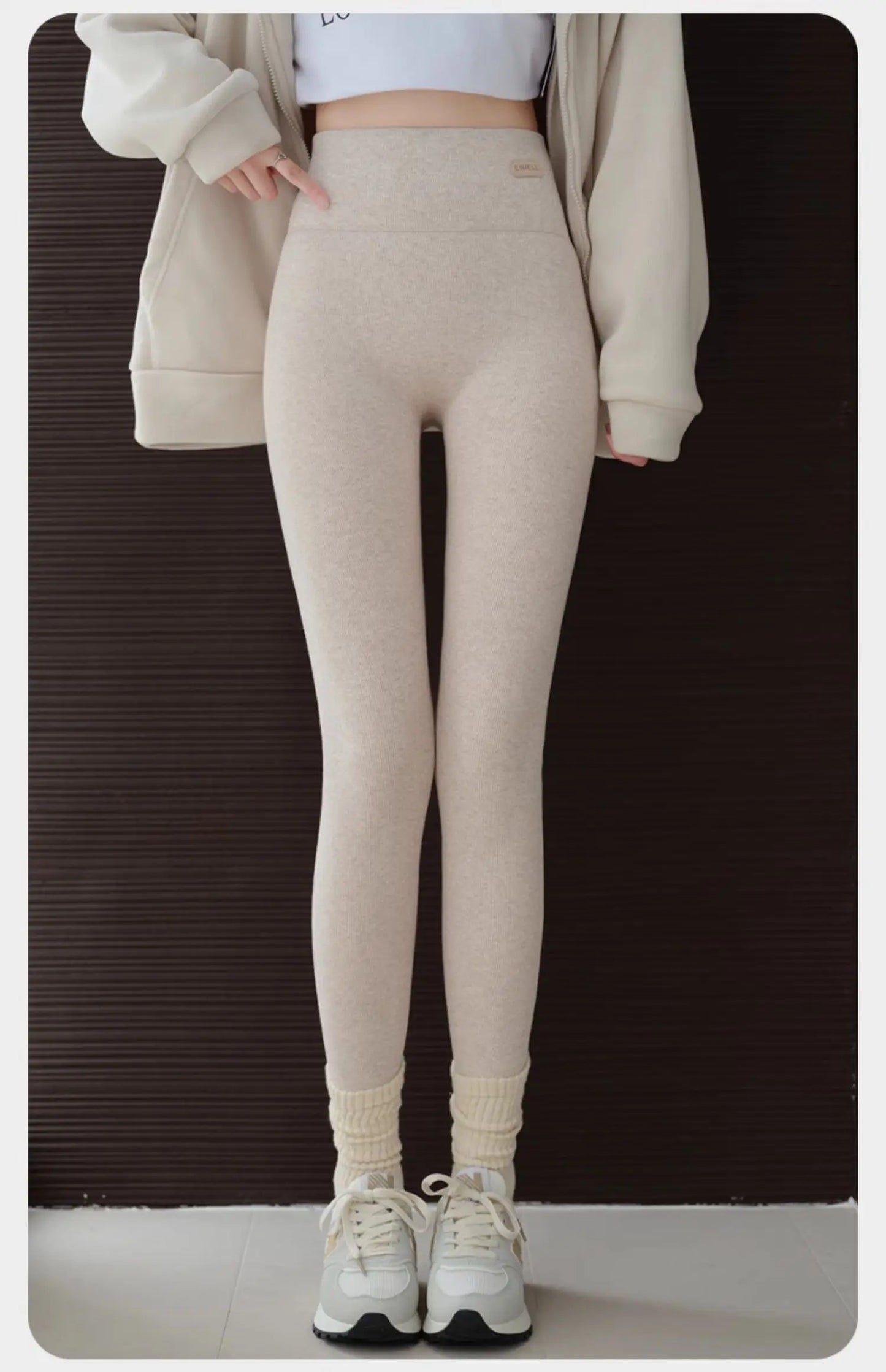 Leggings 420g 92% coton avec doublure polaire pour vêtements d'hiver, polaire d'agneau épaisse en coton pour femmes, pantalon chaud gris taille haute