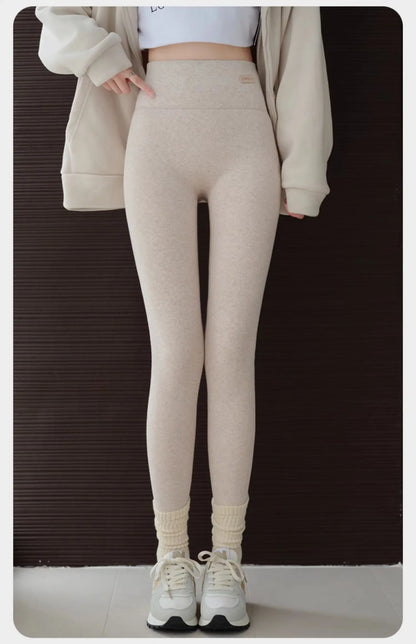 Leggings 420g 92% coton avec doublure polaire pour vêtements d'hiver, polaire d'agneau épaisse en coton pour femmes, pantalon chaud gris taille haute