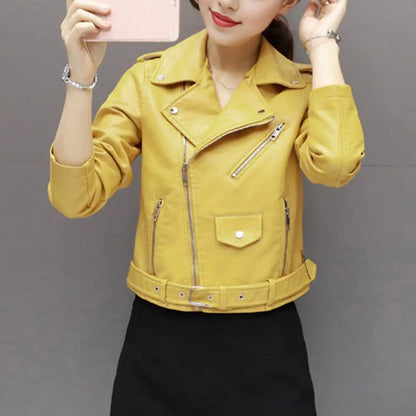 Women Faux Leather Jacket Turn-down Collar Zip-up Zipper Rivet Decor Motorcycle Coat Long Sleeves Female Outerwear Lady Clothing