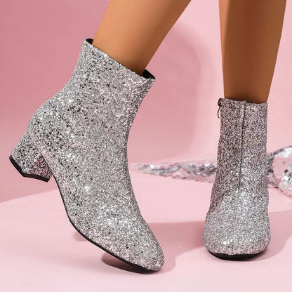 Women's Sparkling Silvers Glitter Ankle Boots Fashion Chunky Mid Heel Zipper Short Boots Women Round Toe Plus Size Botas Mujer