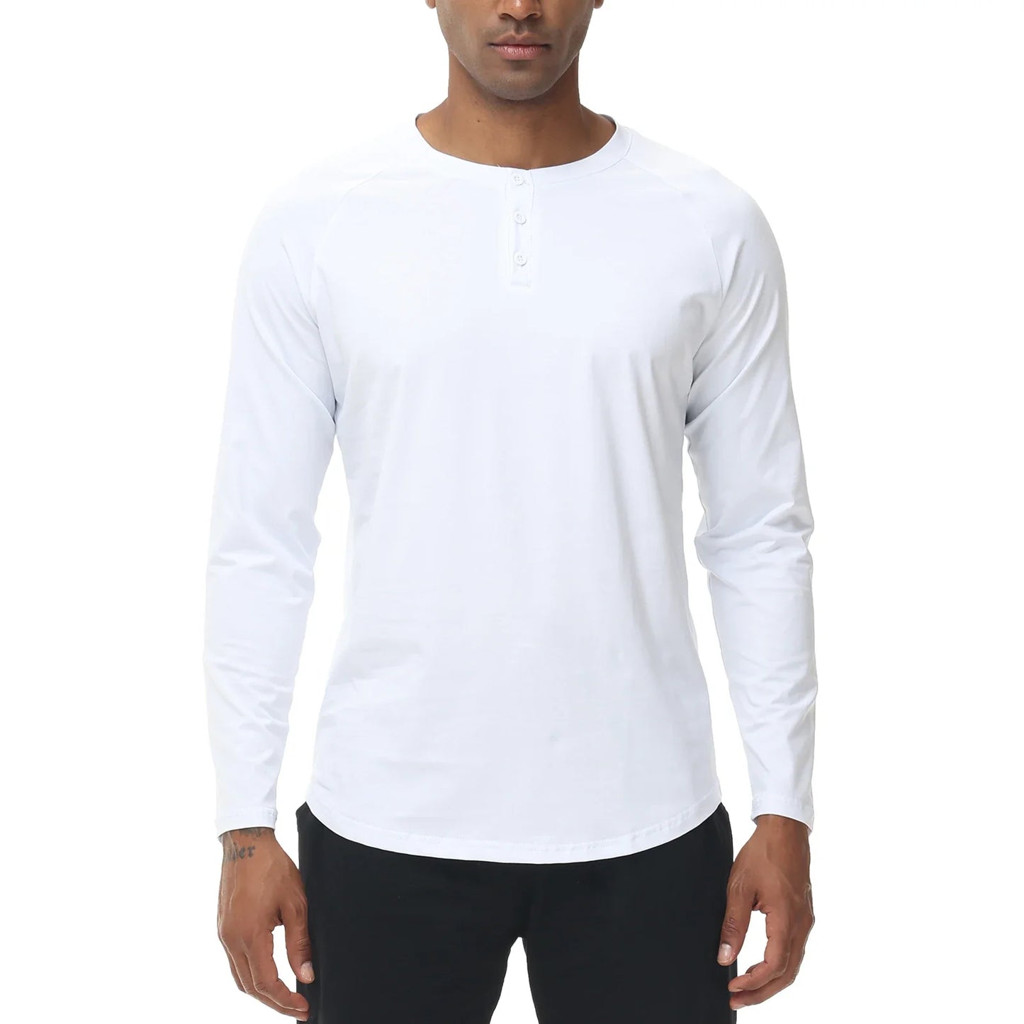 T-shirts boutonnés à manches longues pour hommes, col Henley, décontractés, de haute qualité, pour l'automne