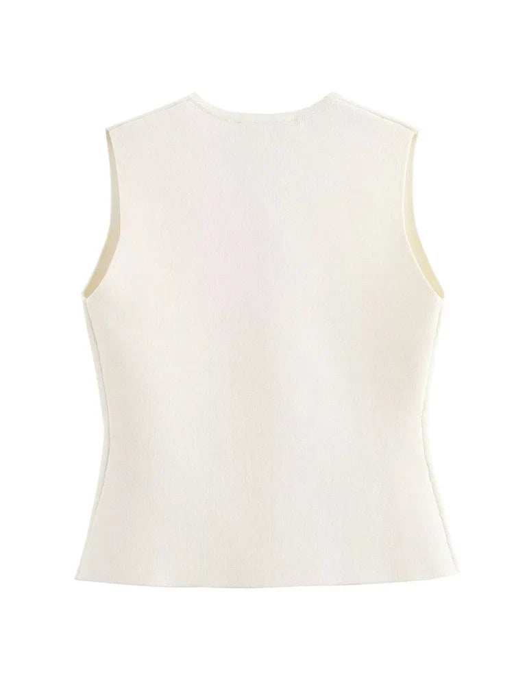 Zevity New Women Fashion V Neck Sleeveless Golden Buttons Knitted Vest Sweater Female Chic Solid Color Slim Cardigan Tops LS6273