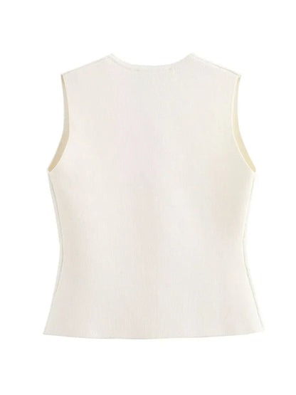 Zevity New Women Fashion V Neck Sleeveless Golden Buttons Knitted Vest Sweater Female Chic Solid Color Slim Cardigan Tops LS6273
