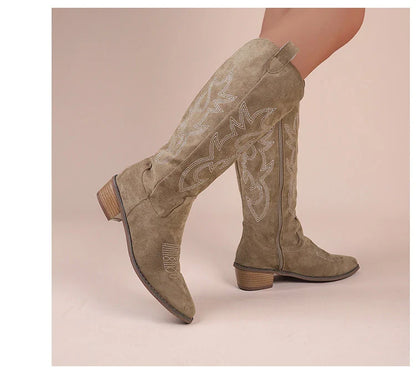 Embroidered Western Cowboy Boots for Women Autumn Pointed Toe Thick Heel High Knee Boots Woman Loose PU Leather Long Botas Mujer