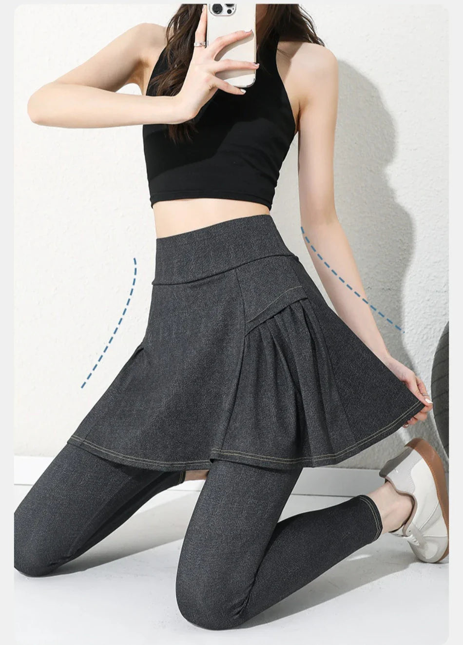 Women Cowboy Yoga Shark Skirts Pants Fake Two Piece Set Phone Pocket Sport Gym Running Leggings Tennis Outdoor Cycling Pants