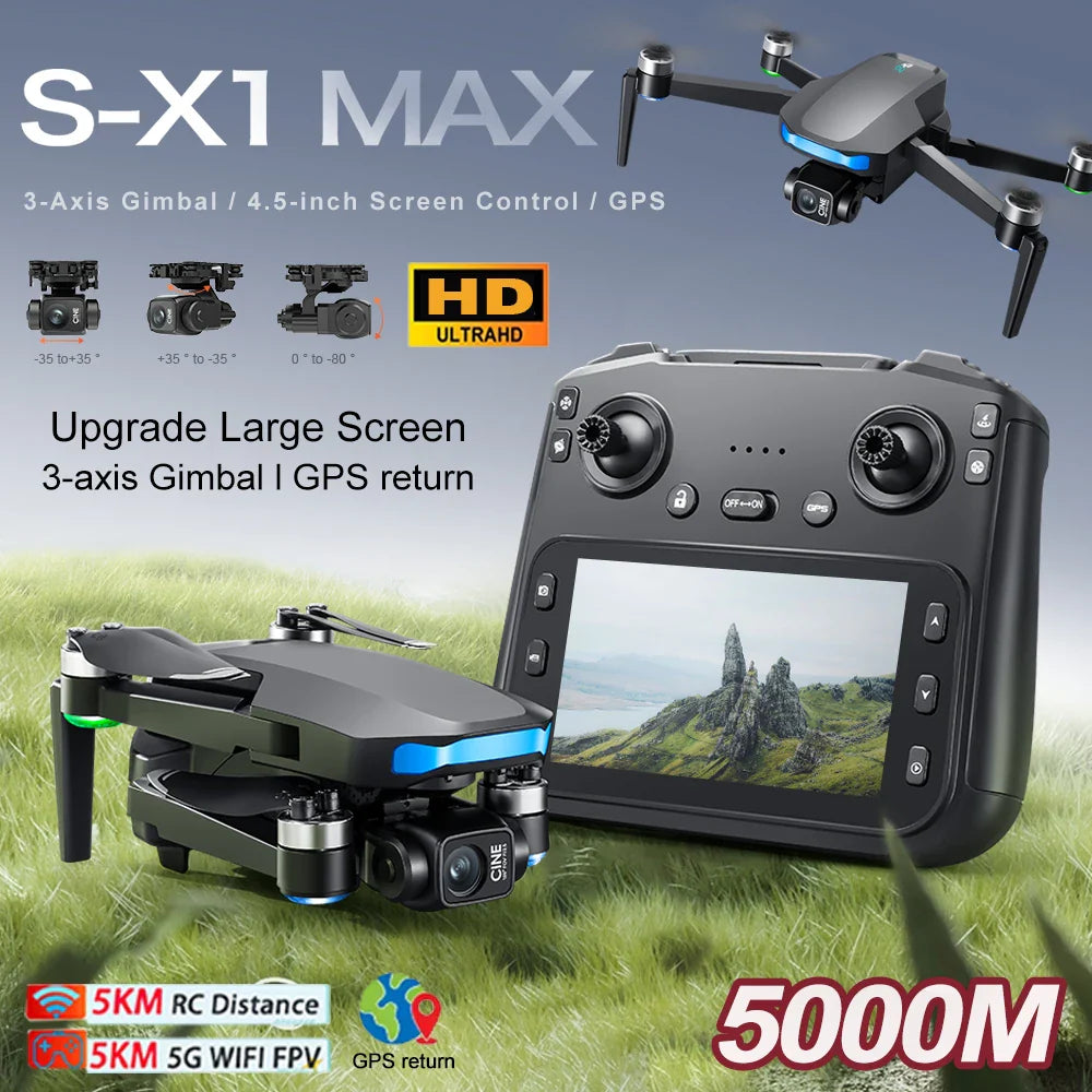 S-X1 MAX Drone GPS 4K professionnel HD EIS Caméras 3 axes Cardan aérien sans balais Écran 4.5" 5G WIFI FPV Drones RC Quadricoptère