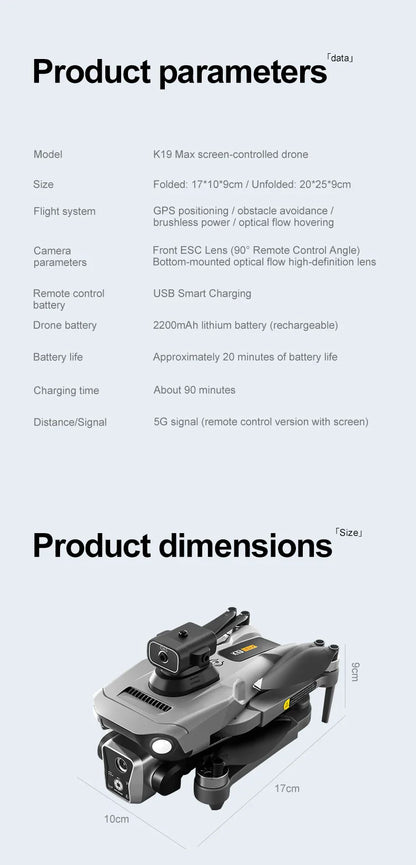 K19 Max Drone caméra HD 5G WIFI professionnel photographie aérienne Drone sans brosse flux optique évitement d'obstacles quadrirotor jouets