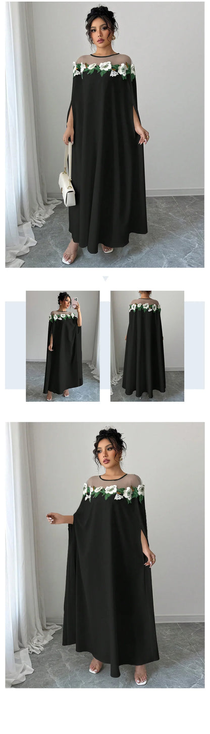 Robe longue de soirée élégante, à la mode, Chic, décoration florale, couleur unie, tempérament de printemps, robe longue ample