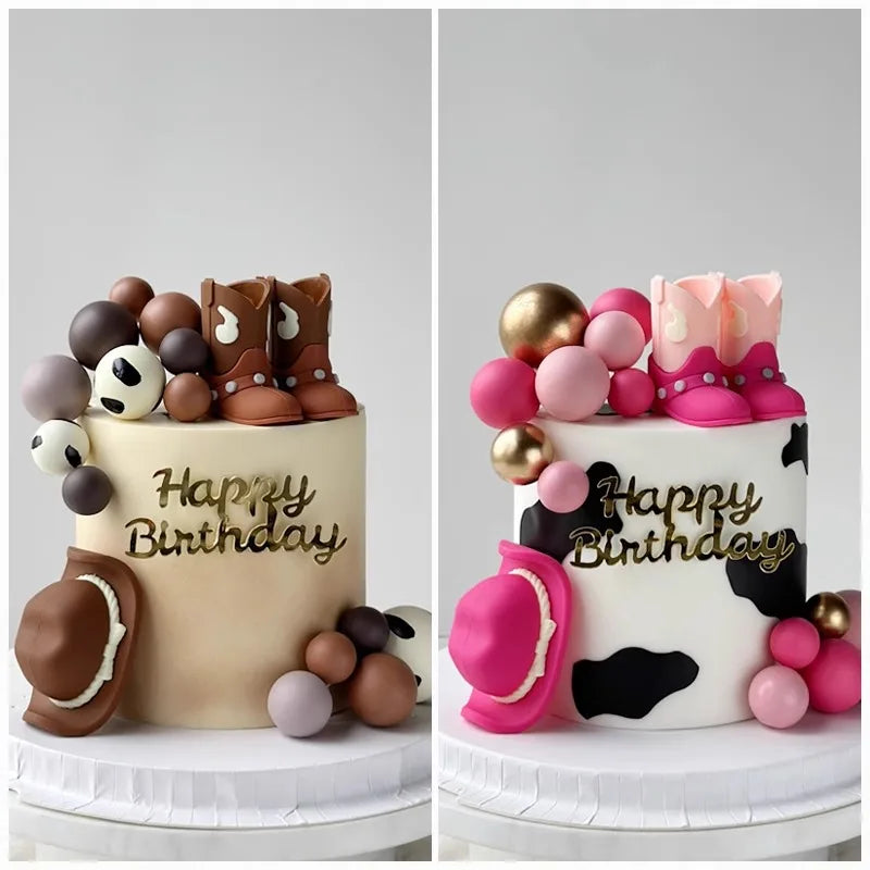 Chapeau de Cowboy rouge Rose, boules de bottes, décoration de gâteau, Cowboy de Cowgirl occidentale, décor de fête prénatale d'anniversaire, fournitures à thème de ferme occidentale