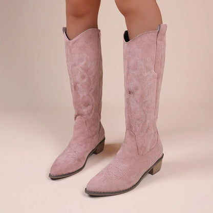Embroidered Western Cowboy Boots for Women Autumn Pointed Toe Thick Heel High Knee Boots Woman Loose PU Leather Long Botas Mujer