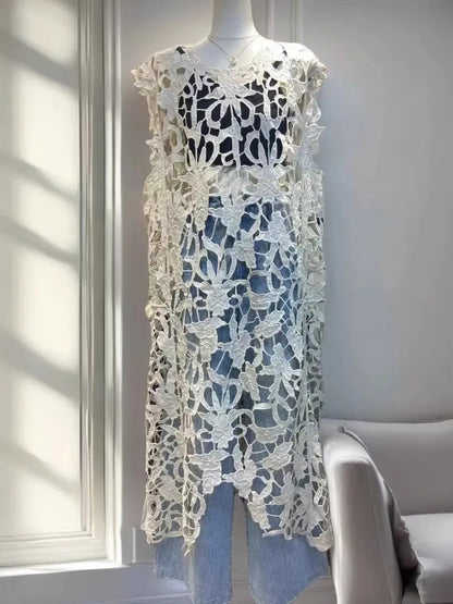 [EWQ] Chic belle Robe européenne à la mode femmes vêtements crochet à motifs découpe Robe sans manches Robe noire 2025 été nouveau