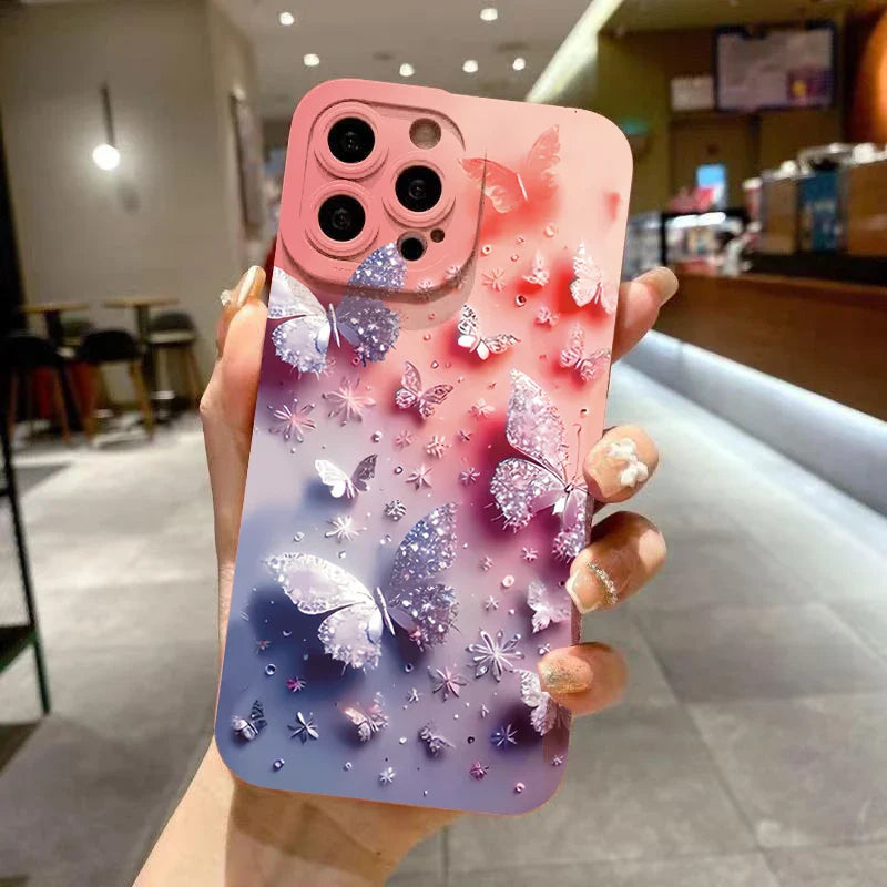 Coque de Téléphone Antichoc à Motif Papillon et Floral pour iPhone 11 12 13 14 15 16 17 Air Pro Max 16E XR XS X 7 8 Plus SE2 Housse Mate