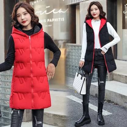 Double Side Vest Korean Slim Hooded Down Cotton Vest Women Waistcoat Sleeveless Jacket 2022 Autumn Winter Jacket Female Coat